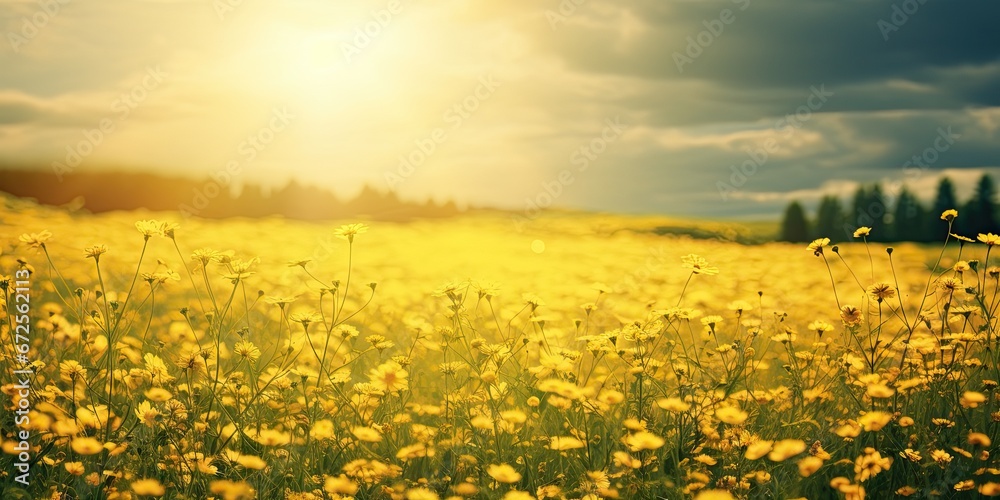 Sunlit meadows. Embracing beauty of nature summer landscape. Sunny horizons. Exploring vibrant flora and scenic beauty