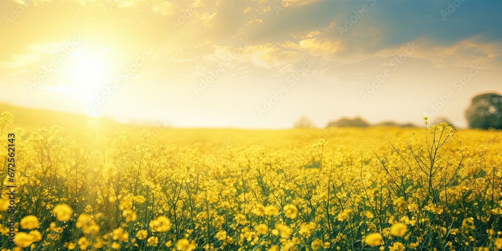 Fototapeta premium Sunlit meadows. Embracing beauty of nature summer landscape. Sunny horizons. Exploring vibrant flora and scenic beauty