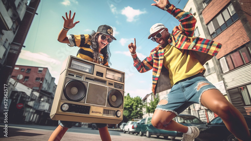90s teens dance with boombox in the city photo