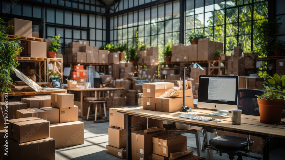 Office in warehouse with products, inventory, small business.generative ai Office in warehouse with products, inventory, small business.generative ai