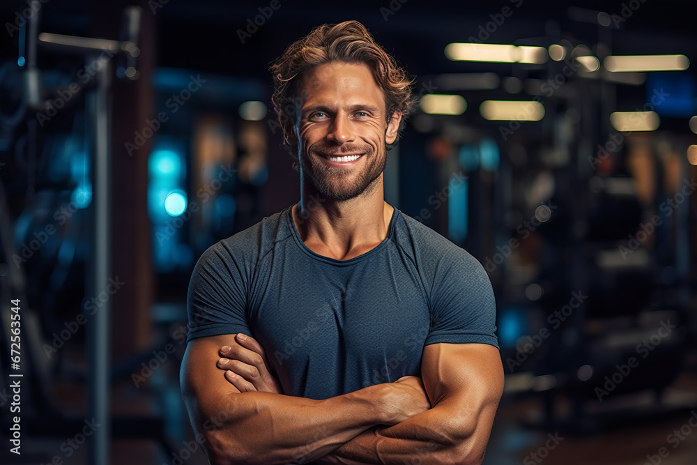 Muscular man posing in gym backdrop generativve ai Muscular man posing in gym backdrop generativve ai