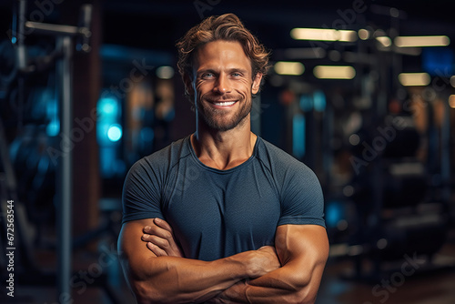Muscular man posing in gym backdrop generativve ai