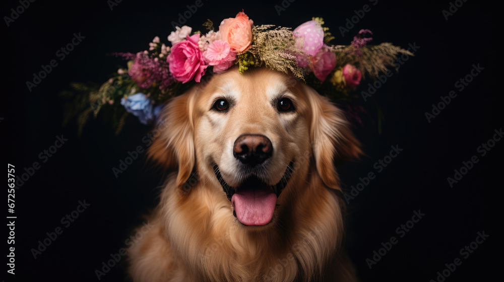 Golden Retriever Posing With A Spring Blossom Crown, Background Image, Hd