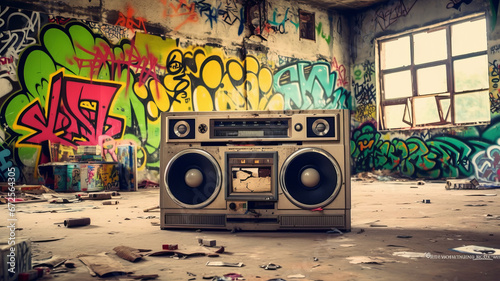 1980s retro boombox in graffiti-covered room.generative ai