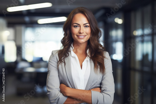 Smiling business woman looking at the camera.