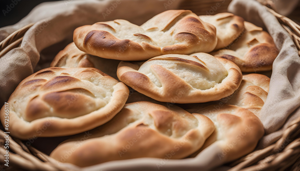 Freshly baked bread. A basket full of fresh Arabic flat bread.