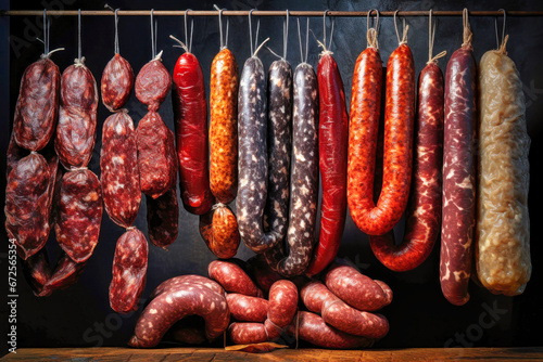 Various types of sausages hanging from a rack. Dried sausage of various varieties. Variety of meat products. Home production.