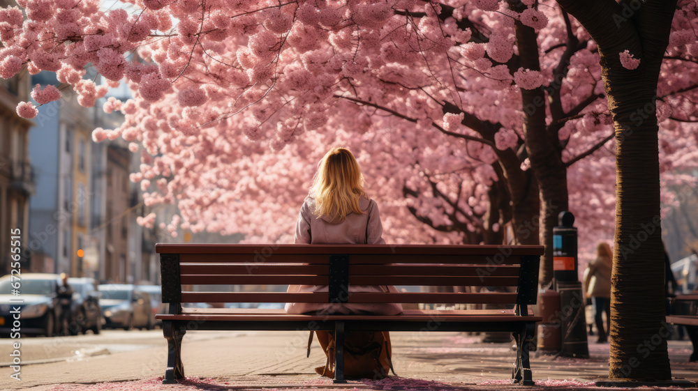 under a cherry blossom tree, a person sits alone on a bench, lost in thought.generative ai