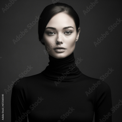 Black and white fashion art studio portrait of beautiful elegant woman in black turtleneck, ai technology