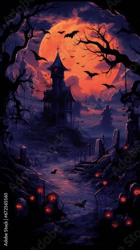  Spooky Halloween Scene with Haunted Dark House and Bats