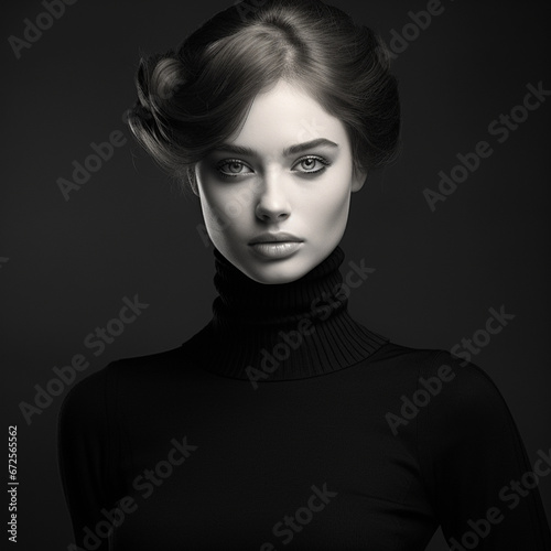 Black and white fashion art studio portrait of beautiful elegant woman in black turtleneck, ai technology