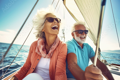 An elderly couple sits in a boat or yacht against the backdrop of the sea. Happy and smiling. Yacht trip. Sea voyage, active recreation. Love and romance of older people. © Anoo