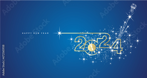 2024 Happy New Year. Clock countdown. 2024 in the form of a line design with champagne cork with shining sparkle firework golden white blue banner vector