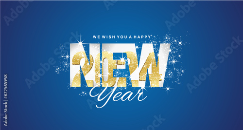 Happy New Year 2024. 3D golden 2024 is inside letters NEW as an mirror reflection with glitter sparkle firework gold white silver on blue abstract background