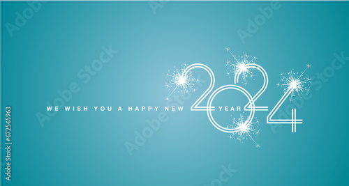 We wish You a Happy New Year 2024 new white double line design numbers with white sparkle firework sea green background greeting card