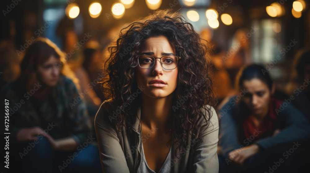 Sad Depressed Woman At Support Group Meeting, Background Image, Hd