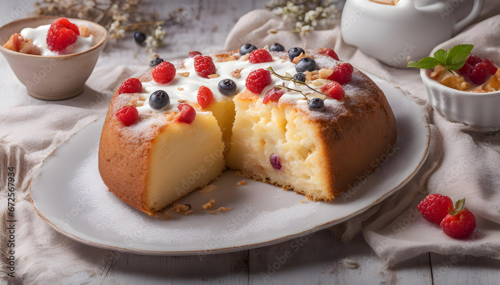 Delicious cake with berries and fresh cream in the white plate Delicious cake with berries and fresh cream in the white plate