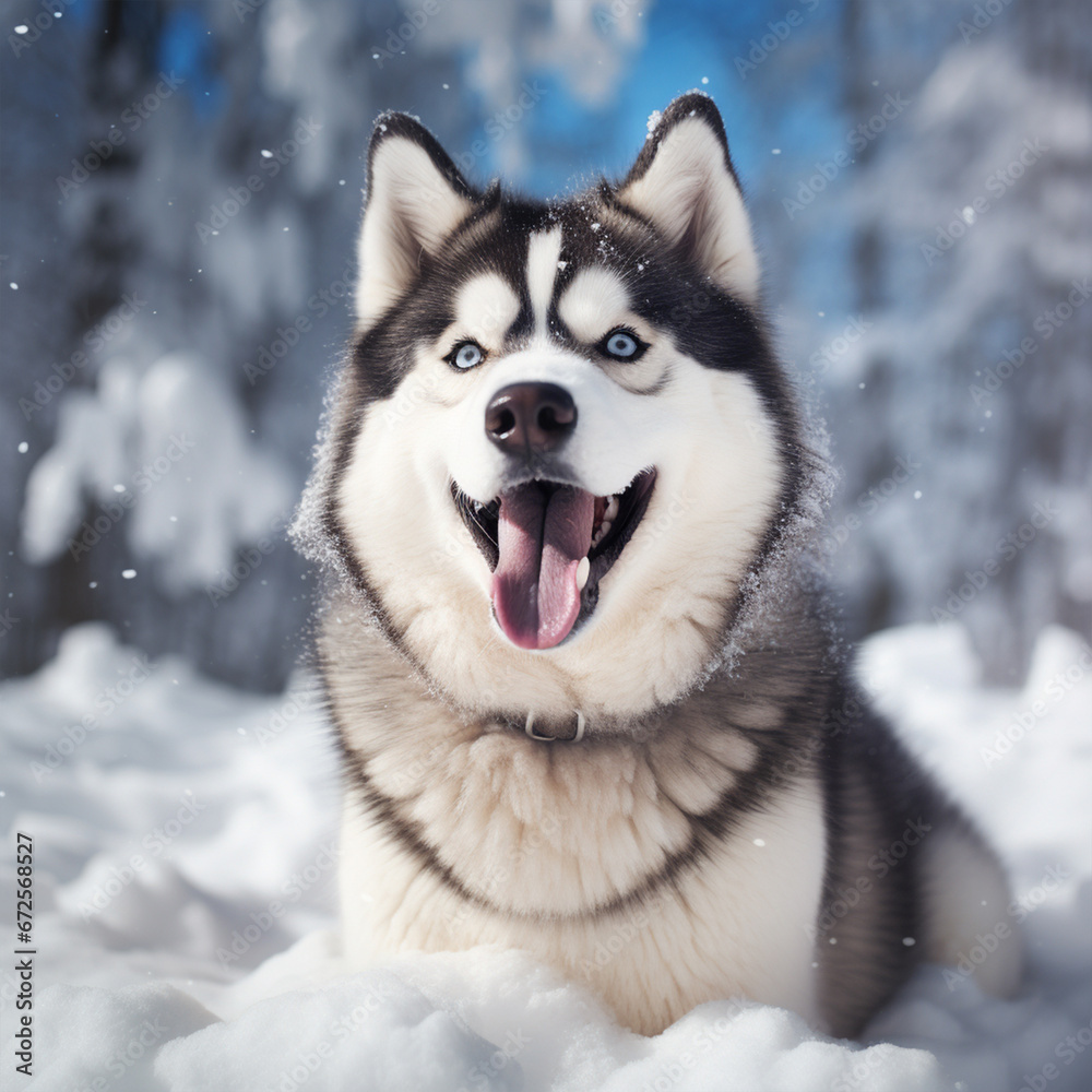 Happy Siberian husky outdoors on winter day, ai technology
