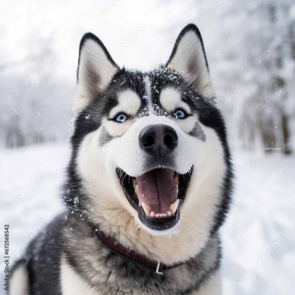 Happy Siberian husky outdoors on winter day, ai technology