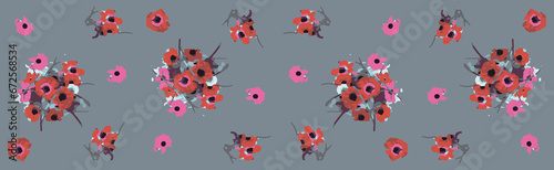 Texture for fabric. Vector. Abstract bouquet of red poppies on a gray background. Red and pink flowers.