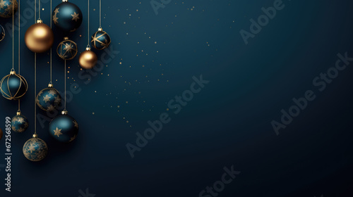 Christmas card with xmas decoration on empty blue background and space for text
