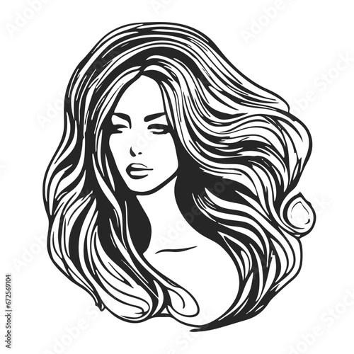 Silhouette of a woman with long flowing hair  with isolated background.