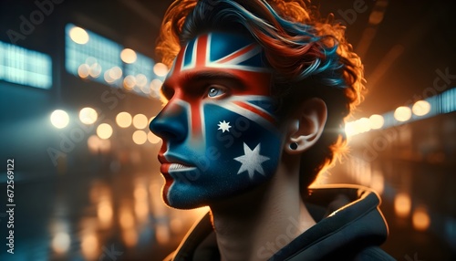 Portrait of man with painted Australian flag over his face for Australia day 26. January, background