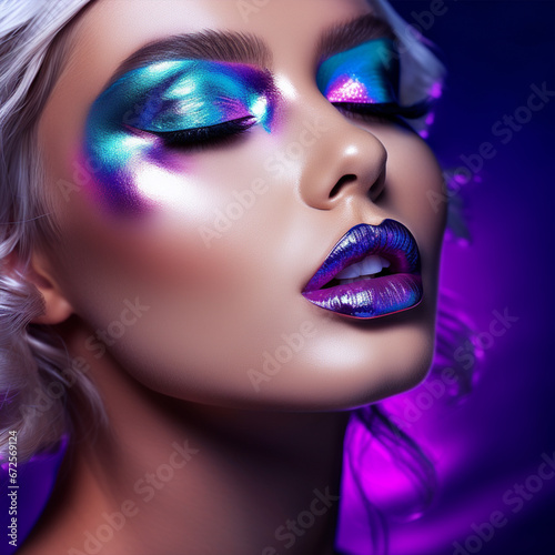 High Fashion model metallic silver lips and face woman in colorful bright neon uv blue and purple lights  ai technology