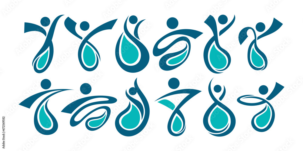 Line swoosh human water drop icon logo design set