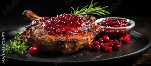 There is a delicious meal with duck leg meat accompanied by a red berry sauce placed on a table with plenty of space for other food items as a background photo
