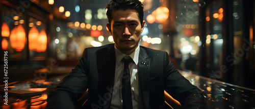 A Young Businessman Of Asian Appearance In A Street Cafe. Illustration On The Topic Of Cinema And Serials. Generative AI