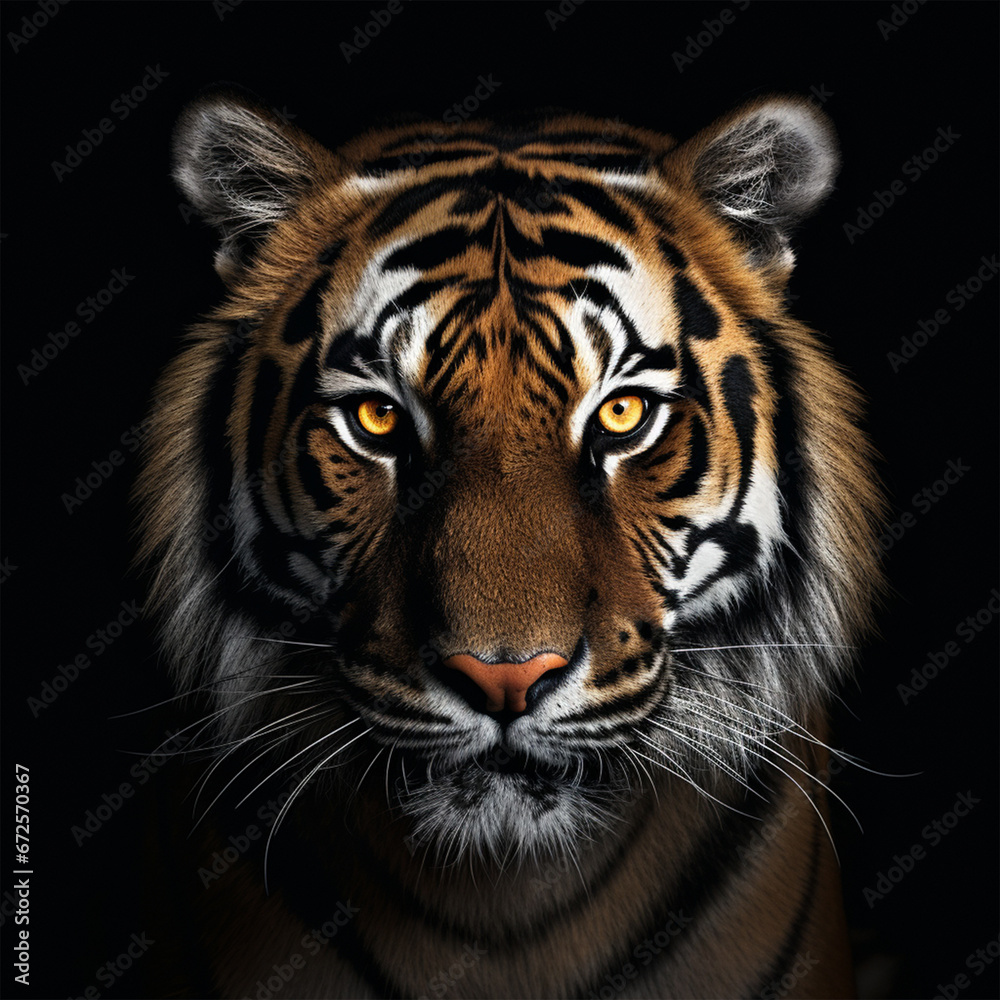 Tiger face on black background, ai technology