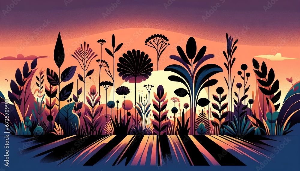 Sunset Silhouette: Vibrant Floral Landscape Illustration
