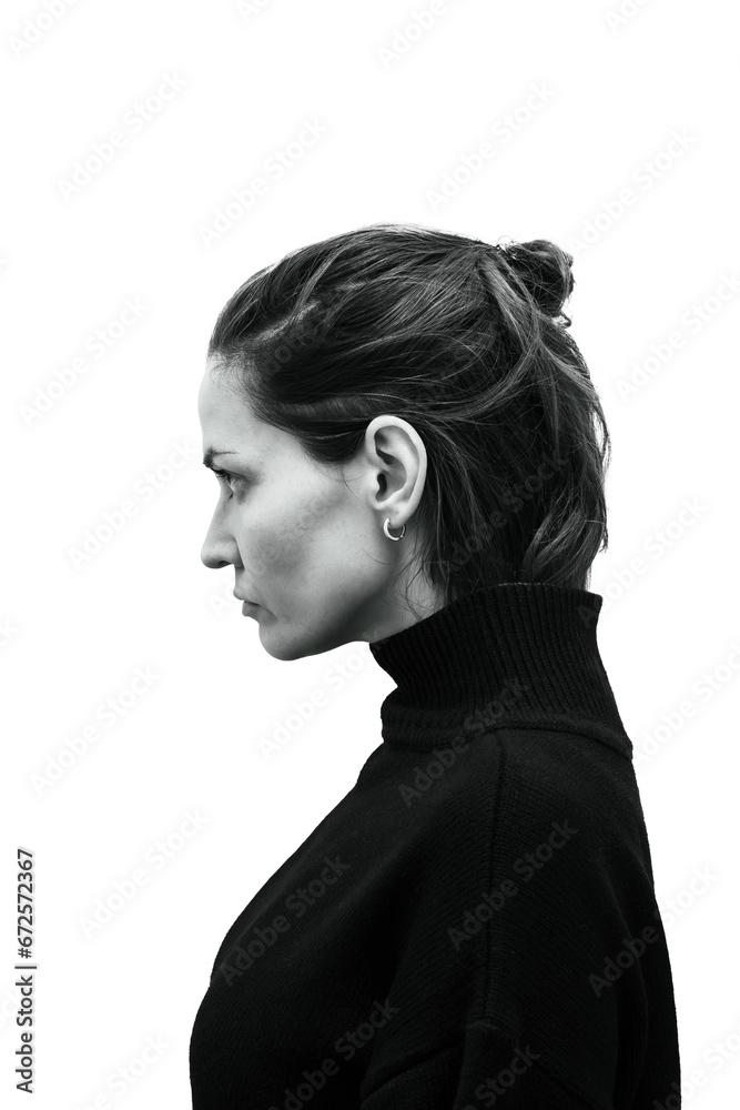Fototapeta premium Black and white art studio portrait of a beautiful elegant woman in a black turtleneck. Elegant ballet style. Dramatic portrait of a young beautiful girl on a white background in the studio.
