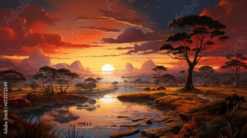 Illustration of savanna landscape at sunset © senadesign