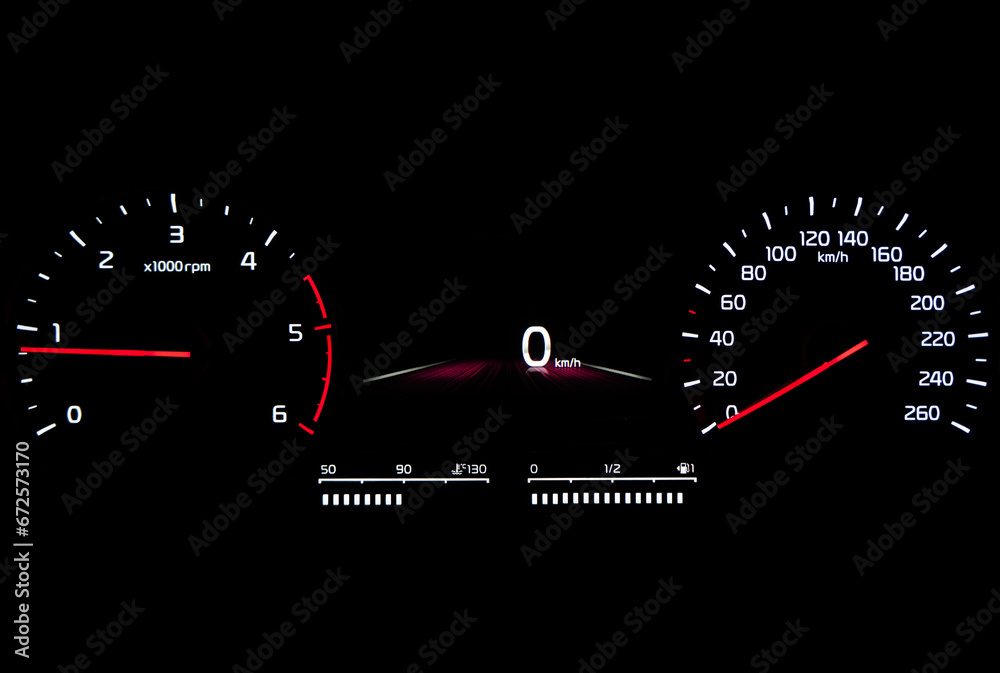 Fototapeta premium Close up shot of speedometer in car. Car dashboard. Dashboard details with indication lamps.Car instrument panel. Dashboard with speedometer.