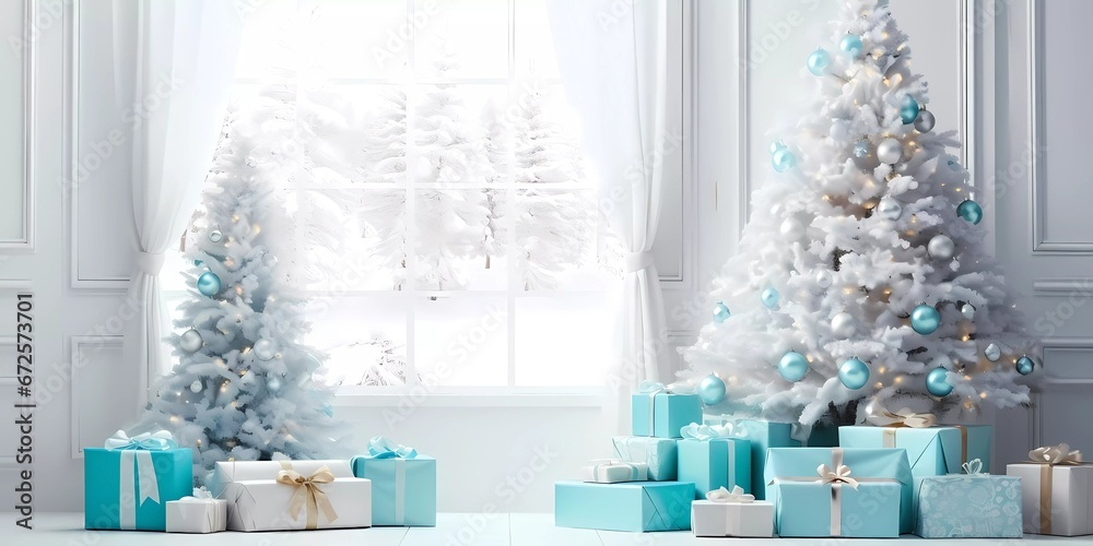 A pleasant living area with a chrismas decorations, a Christmas tree that has been decorated, and a variety of holiday accents, blue and white colors A pleasant living area with a chrismas decorations, a Christmas tree that has been decorated, and a variety of holiday accents, blue and white colors