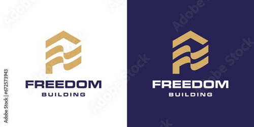 Freedom Building Logo Simple. Home Roof Shape with Flag Fluttering Waving Shape.