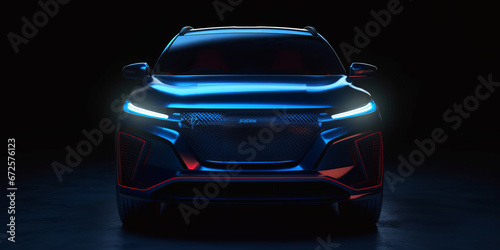 A mid sized blue tone electric city SUV that has red led running through the center line, generative ai
