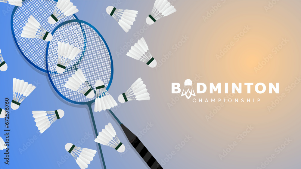 Badminton racket with white badminton shuttlecock on green background ...