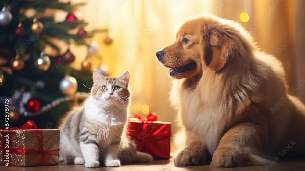 Cat and dog near the Christmas tree. Generative AI