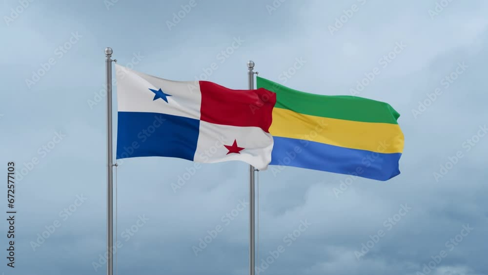 Gabon flag and Panama flag waving together on cloudy sky, endless seamless loop, two country relations concept