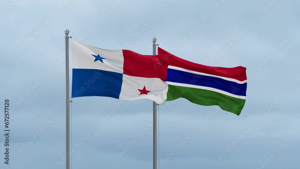 Gambia flag and Panama flag waving together on cloudy sky, endless seamless loop, two country relations concept Gambia flag and Panama flag waving together on cloudy sky, endless seamless loop, two country relations concept