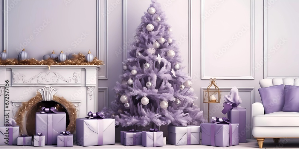 A pleasant living area with a chrismas decorations, a Christmas tree that has been decorated, and a variety of holiday accents, purple and white colors