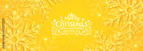 Christmas poster with shiny yellow snowflakes on a yellow background. Vector illustration.