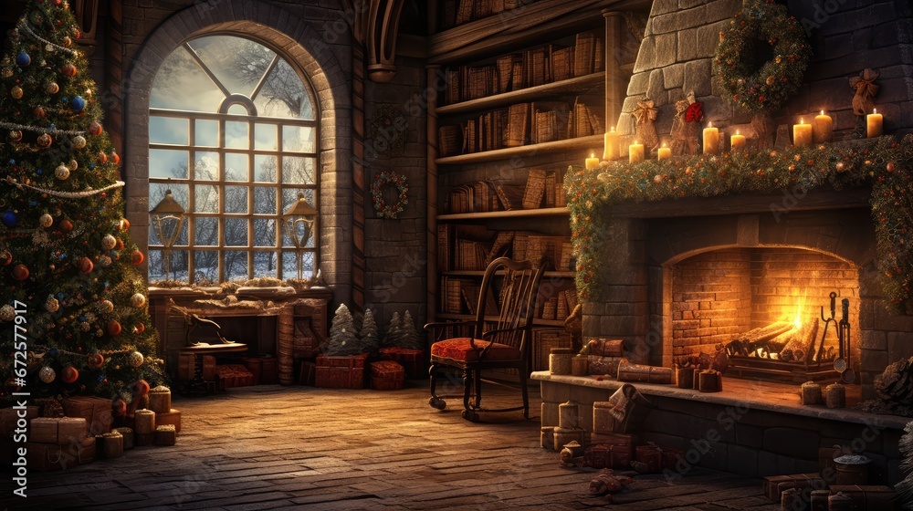 Obraz premium christmas tree with fireplace Generative Ai