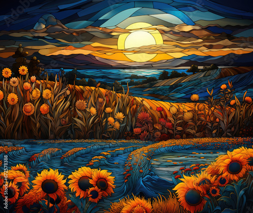 Stained Glass Illustration Wheat Field With Sunflower, Background Image, Hd