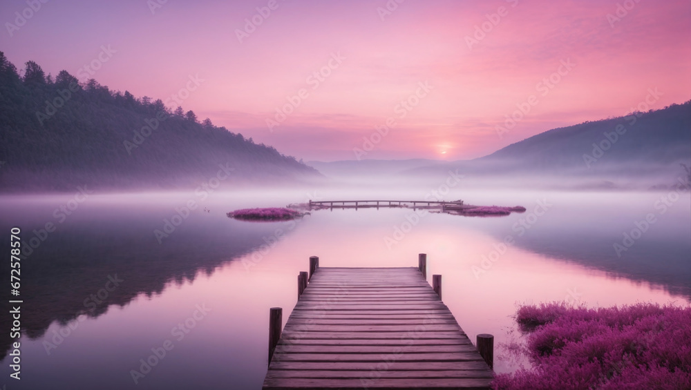 A tranquil, lavender-pink twilight over a serene, misty lake. Serene and dreamy.
