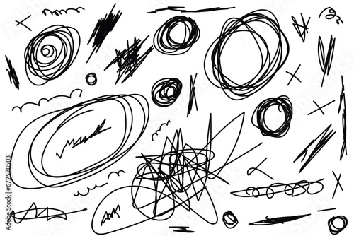 Set of handmade lines, brush lines, underlines. Hand-drawn collection of doodle style various shapes. Crosses, oval and strikethroughs. Art Lines. Isolated on white. Vector