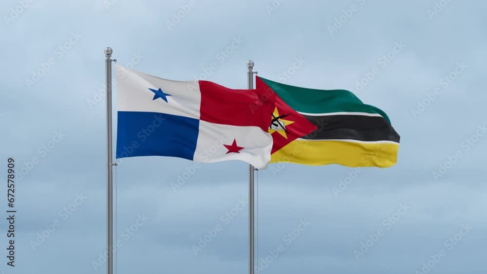 Namibia and Panama flag waving together on cloudy sky, endless seamless loop, two country cooperation concept Namibia and Panama flag waving together on cloudy sky, endless seamless loop, two country cooperation concept